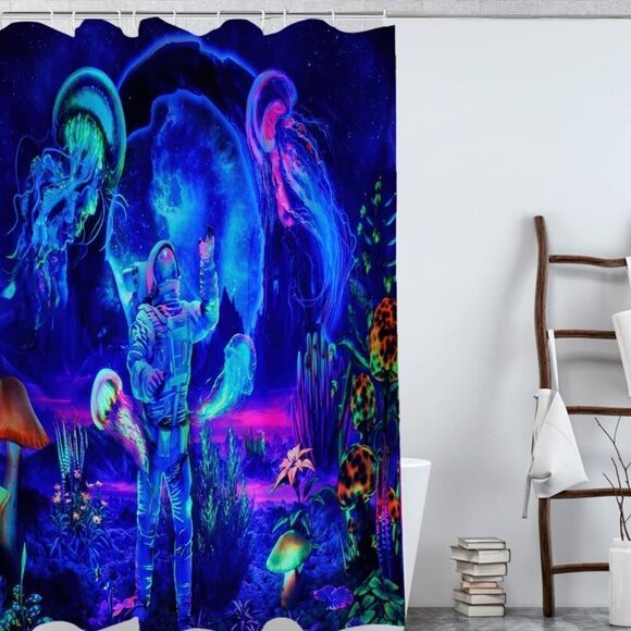 Astronaut and Jellyfish Shower Curtain - Blue and Purple - Picture 1 of 1